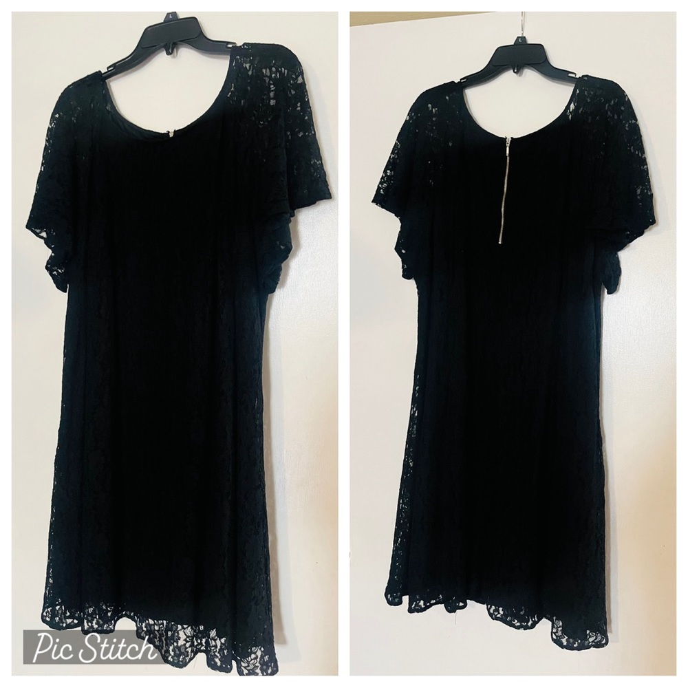 Black lace below the knee dress with silver sizer down back.